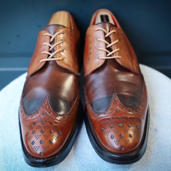 SALE - Jeffery-West 8-D US Brown Mens Wingtip Burnished Oxford Dress Shoes - Picture 5 of 15